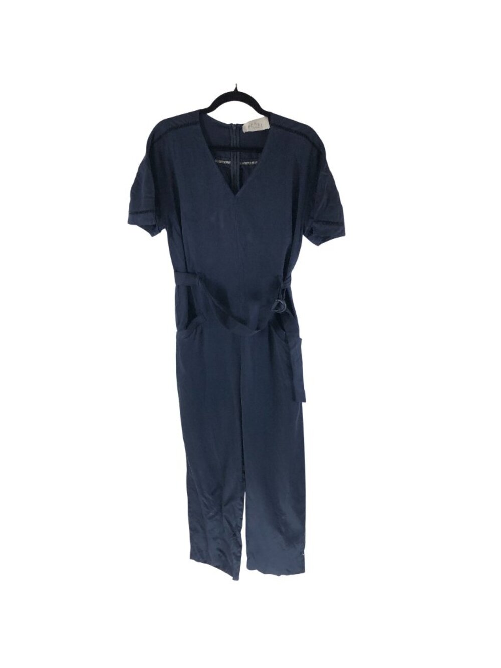 Pearl By Lela Rose Navy Blue Short Sleeve Belted Jumpsuit 4 Tencel/Linen Blend